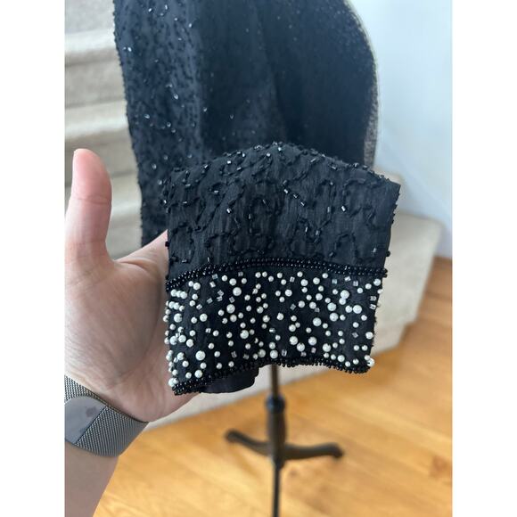 Vintage Old Money Black Silk Faux Pearl Trim Beaded Blazer Evening Jacket - Picture 7 of 9